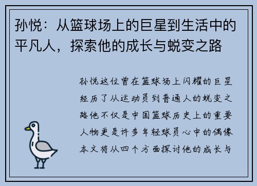 孙悦：从篮球场上的巨星到生活中的平凡人，探索他的成长与蜕变之路